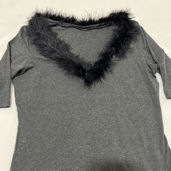 VTG USA 80s Black Feather V Neckline Gray Top Shirt Blouse Stretch 3/4 Sleeves - Picture 7 of 11